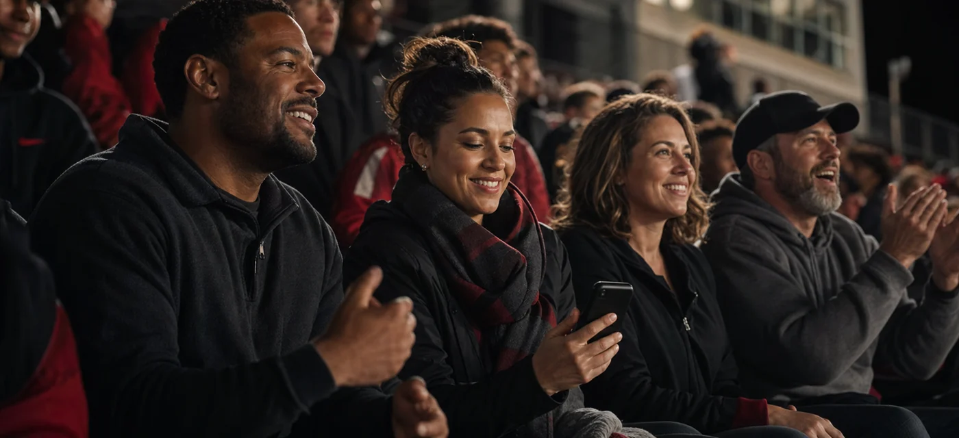 Parents and guardians cheering together in high-school stadium stands while staying connected to school activity updates