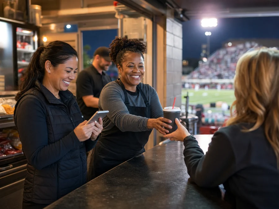 Parent volunteers coordinating a concession stand during a high-school game